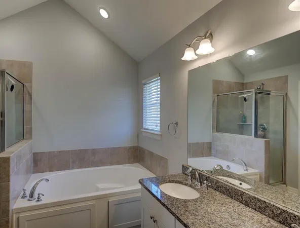 a bathroom with a granite countertop tub a sink and a mirror
