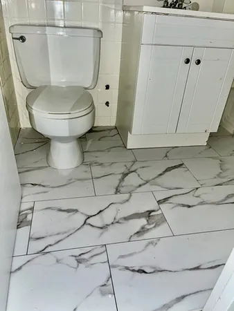 a white toilet sitting next to a shower