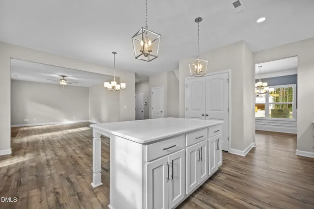 a kitchen that has a lot of cabinets and wooden floor