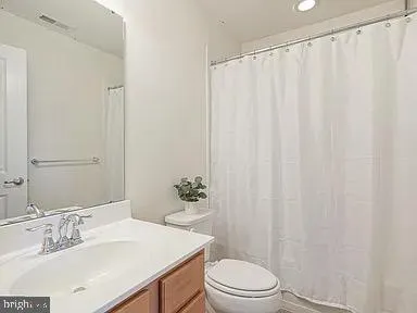 a bathroom with a sink a toilet and shower curtain