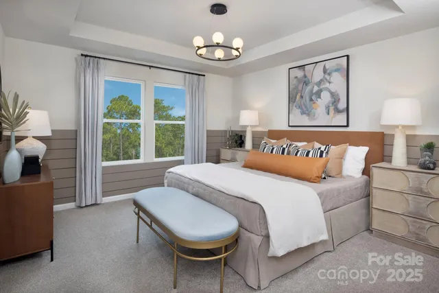 a spacious bedroom with a bed and a large window