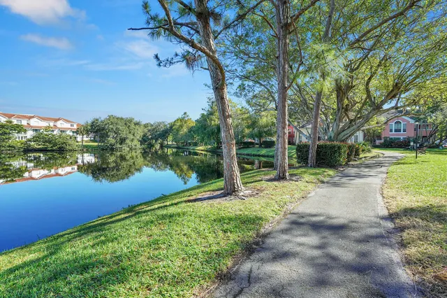 a view of a yard with plants and a lake view in back