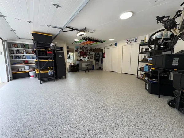a view of a garage with storage