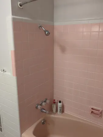 a bathroom with a shower and a sink