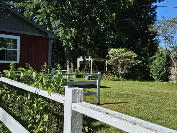 a view of a garden with an outdoor space