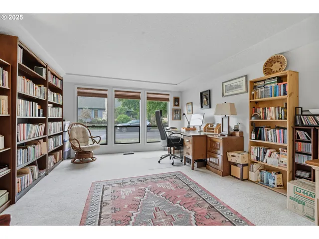 a living room with lots of furniture and a book shelf