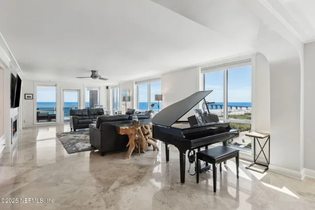 a view of a balcony with an ocean view