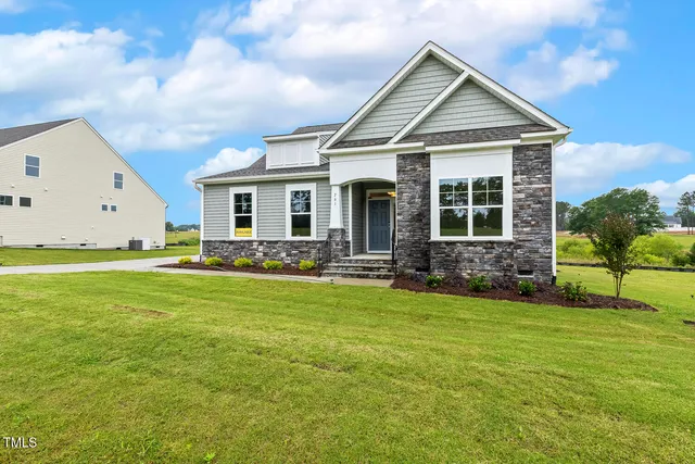 a front view of house with yard and green space