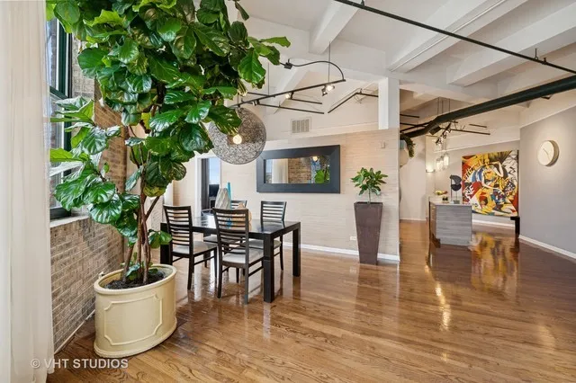 a dining room with furniture a potted plant and wooden floor