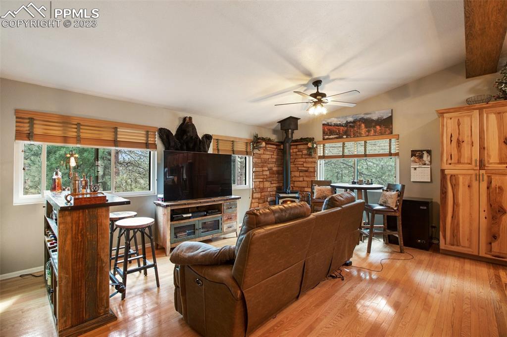 290 North Mountain Estates Road Florissant, CO 80816 - Photo 16 of 32 a living room with furniture a flat screen tv and a large window