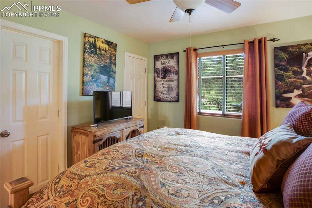 290 North Mountain Estates Road Florissant, CO 80816 - Photo 24 of 32 a bedroom with a bed and a flat screen tv