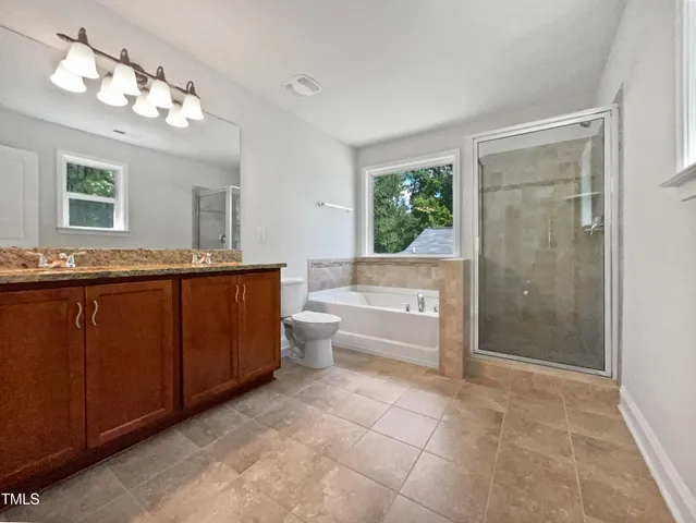 a bathroom with a granite countertop sink a toilet mirror and a bathtub