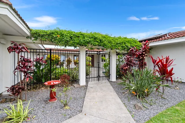 a garden view with a seating space