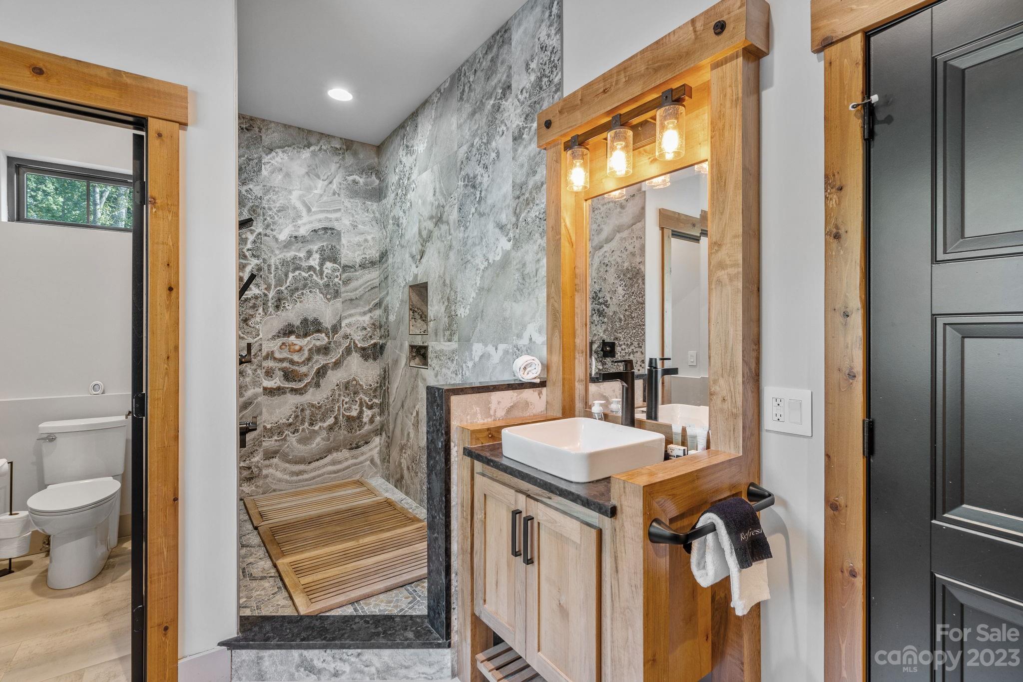 222 Greenbay Road Mooresville, NC 28117 - Photo 30 of 44 a bathroom with a granite countertop sink a toilet and a shower