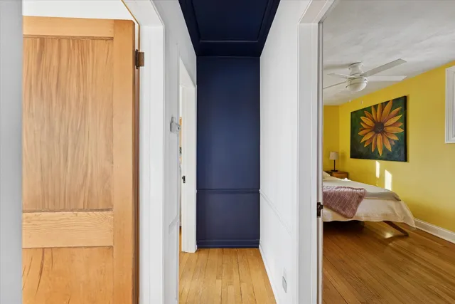 a workspace with chandelier