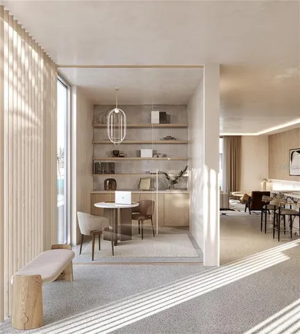 a view of a dining room with furniture