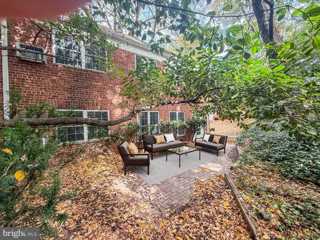 a view of a bench in a backyard