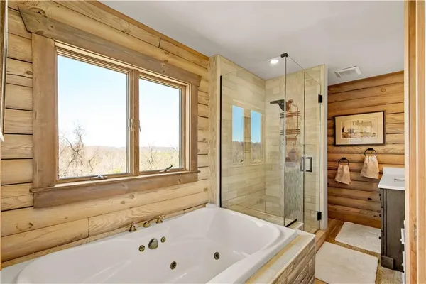 a bathroom with a bathtub and a shower