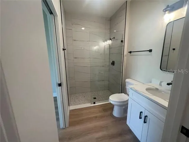 a bathroom with a shower and a toilet