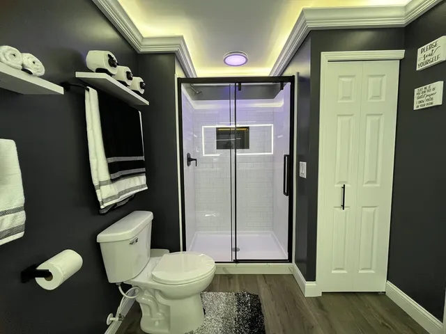 a bathroom with a toilet and a shower