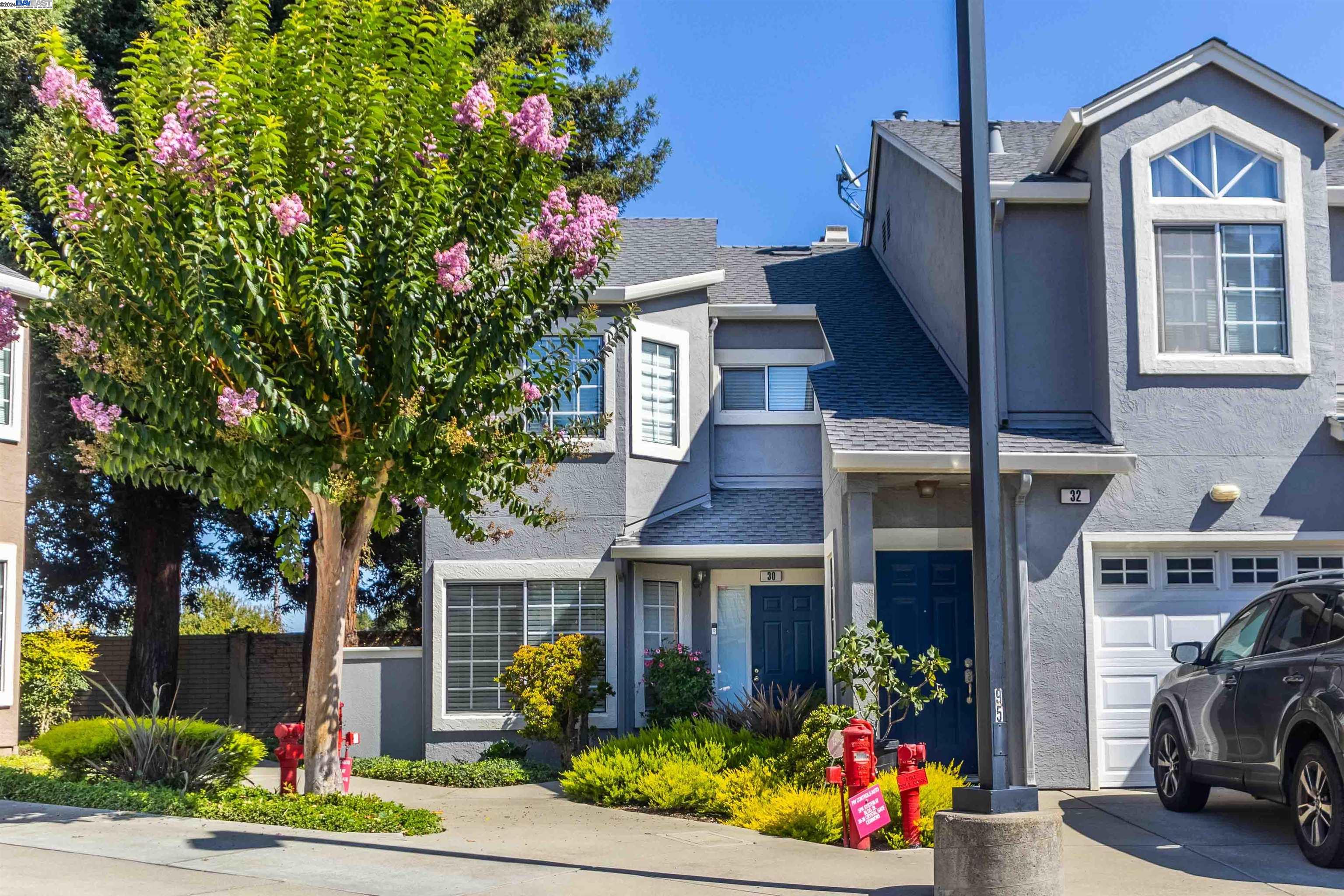 a front view of a house with a yard and potted plants