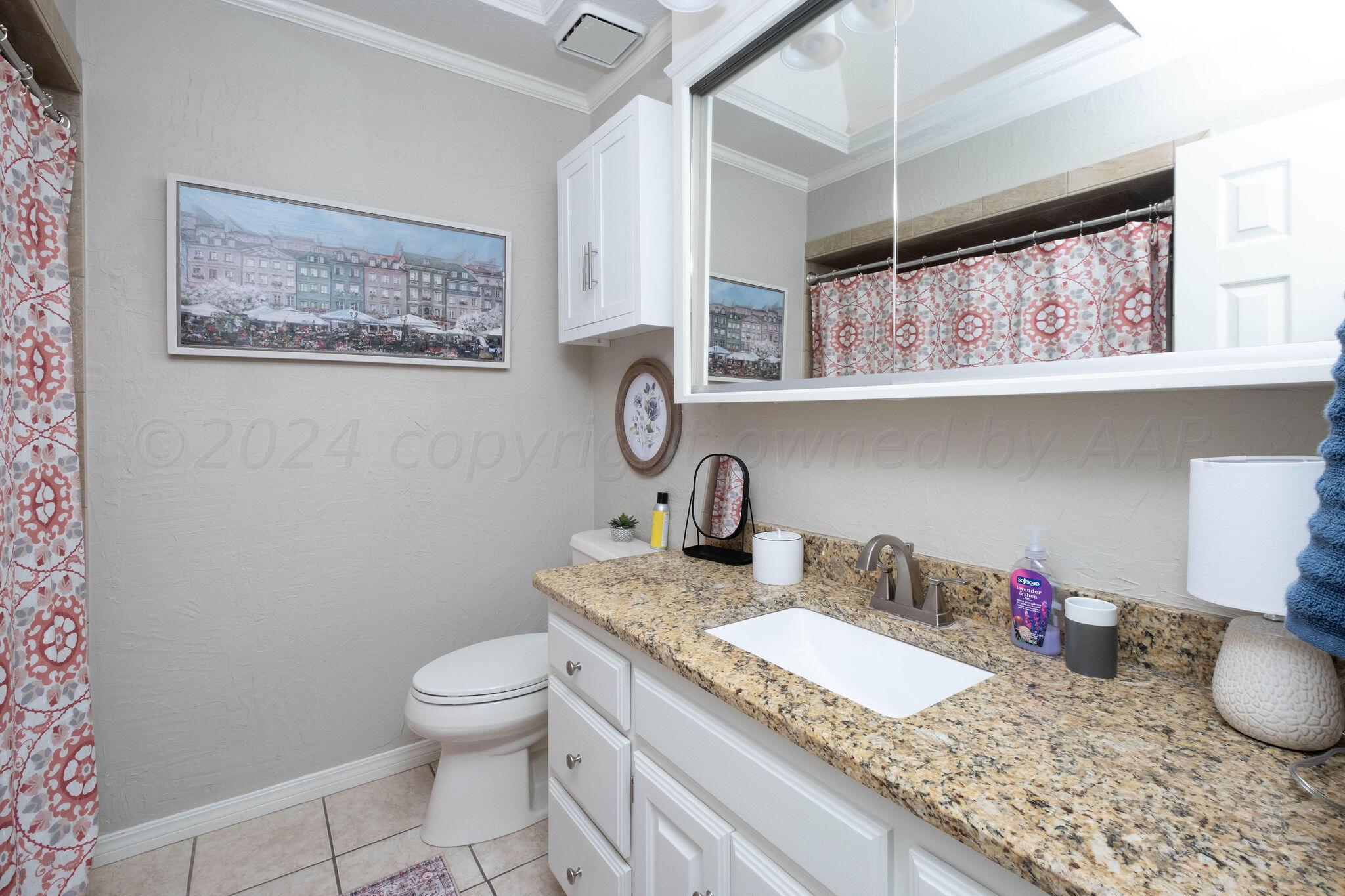 4400 Baltus Place Amarillo, TX 79121 - Photo 33 of 39 a bathroom with a granite countertop sink a toilet and a mirror