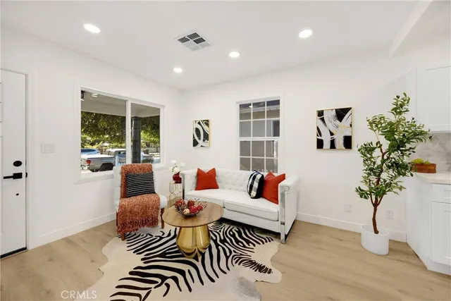a living room with furniture and a potted plant