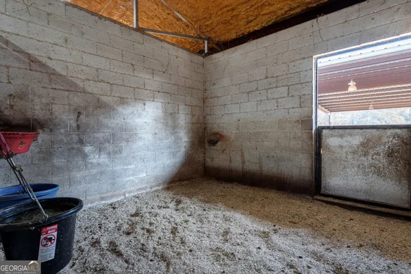 a garden view with a seating space