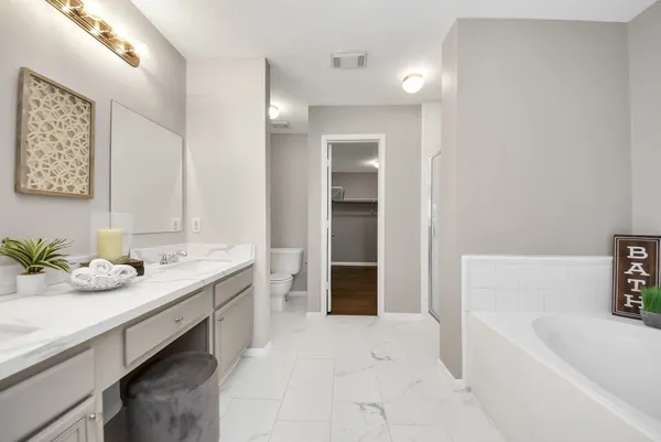 a bathroom with a tub sink and mirror