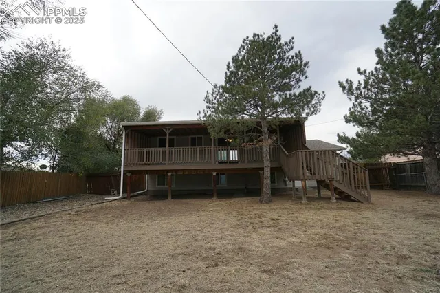 a view of backyard with large trees and wooden fence