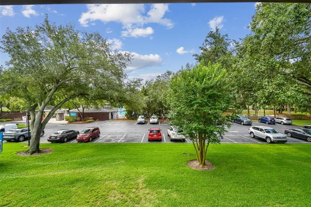 a view of a street with a building and palm tree