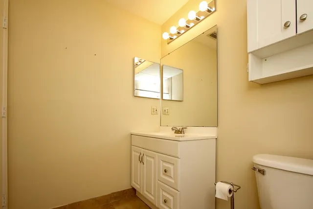 a bathroom with a sink a toilet and mirror