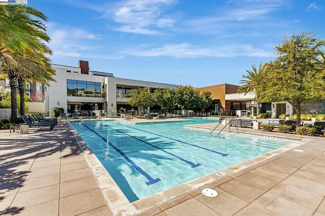 a view of a swimming pool with lawn chairs and potted plants