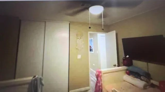 a bedroom with a bed and a fan