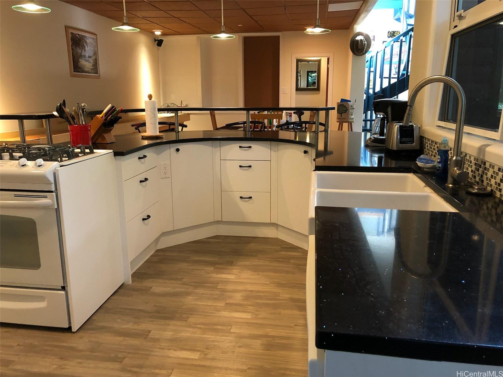 3702 Old Pali Road Honolulu, HI 96817 - Photo 16 of 25 a view of a kitchen with kitchen island a sink stainless steel appliances granite counter tops and a view of living room