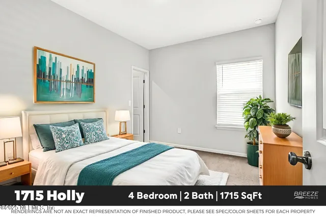 a bedroom with a bed and a painting on the wall