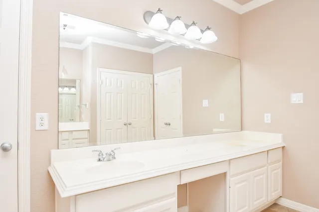 a bathroom with a sink a mirror and a shower