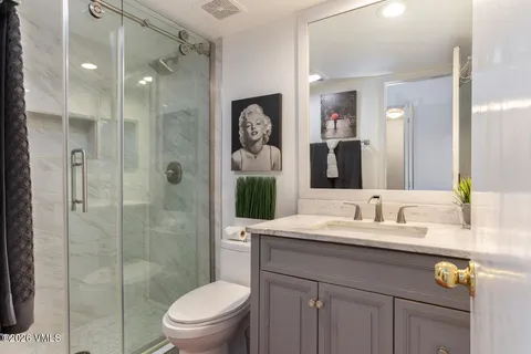 a bathroom with a sink a toilet and shower