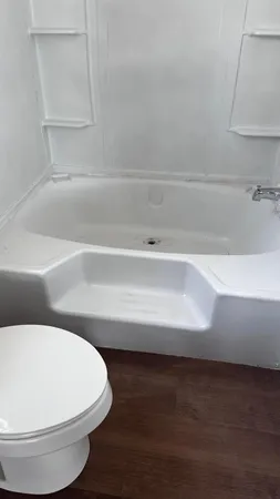 a bathroom with a toilet and a bathtub