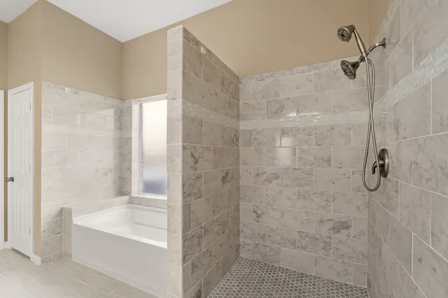 a bathroom with a bathtub and a shower
