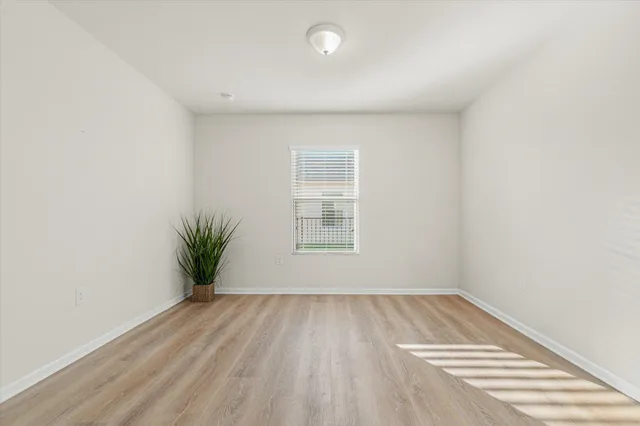 a view of a room with wooden floor and potted plants