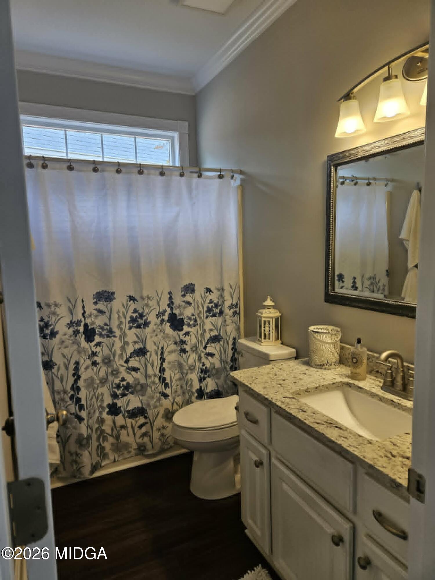 214 Tivoli Park Road Centerville, GA 31028 - Photo 16 of 26 a bathroom with a granite countertop sink a toilet and a mirror