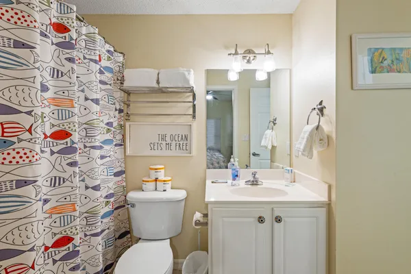a bathroom with a sink mirror and toilet