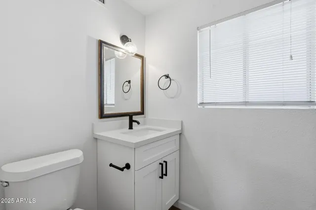 a bathroom with a sink a toilet and mirror