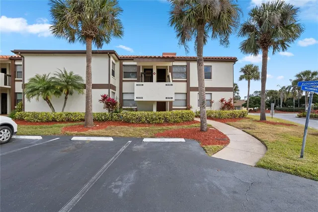 front view of house with a yard and palm trees