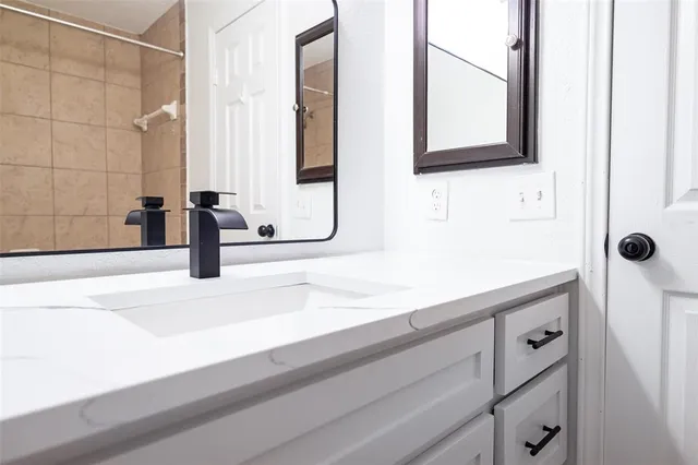 a bathroom with a sink and a mirror