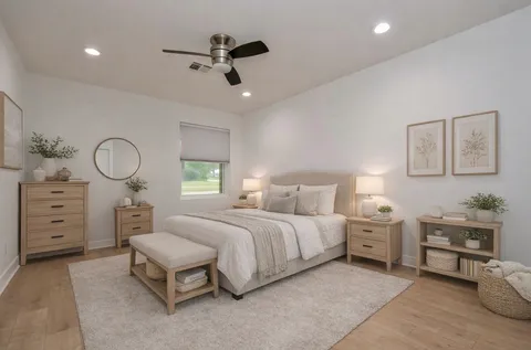 a spacious bedroom with a bed and a cabinets