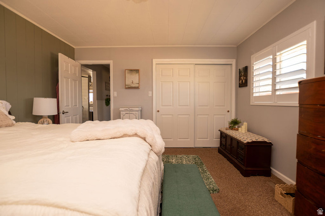 340 West 100 N Street Beaver, UT 84713 - Photo 23 of 37 Bedroom with carpet floors, crown molding, and a closet