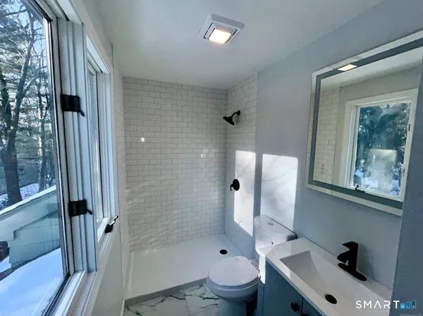 a bathroom with a bathtub shower sink vanity and toilet