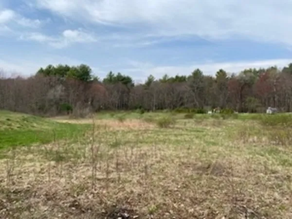 a view of a field with an trees in the background